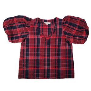 LOFT Red Plaid Puff Sleeve Checkered Blouse Small Cottagecore TeacherCore Top
